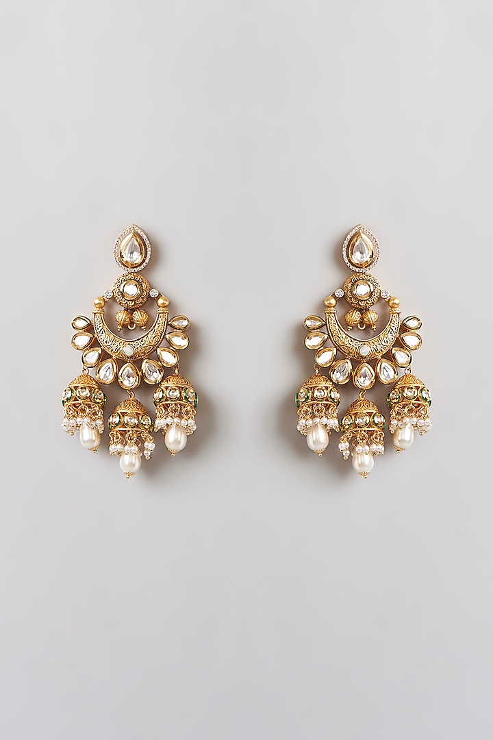 Gold Finish Kundan Polki & Pearl Beaded Enameled Chandbali Earrings by 20AM at Pernia's Pop Up Shop